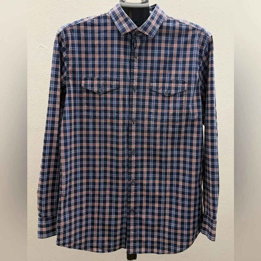 Banana Republic Navy and Pink Plaid Shirt
